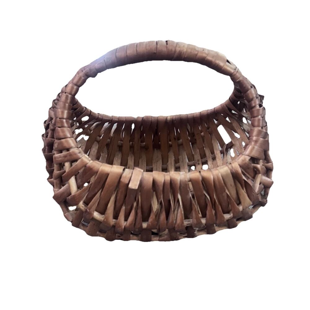Vtg 6" Wicker Gondola Basket Half Moon Rattan Woven Handled Flower Boho Decor